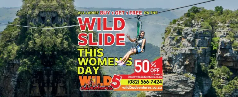 A woman smiles as she glides on the Wild Slide zipline across the cliffs of Oribi Gorge, featuring a Wild 5 Adventures promo banner for the Women's Day buy one get one free special.