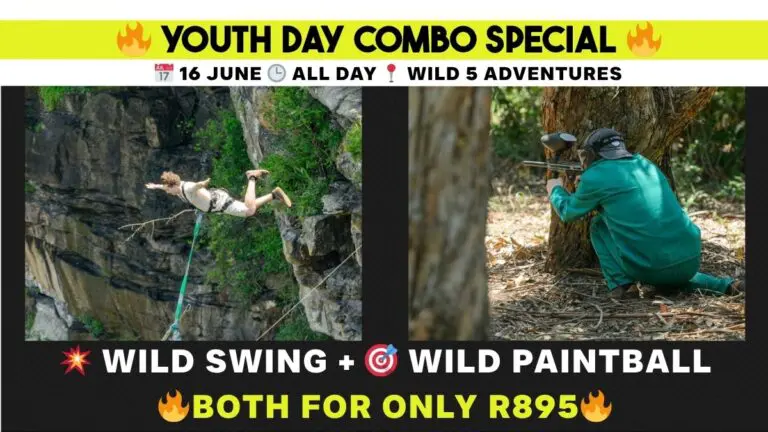 Promo graphic for the Wild 5 Adventures Youth Day combo special in Oribi Gorge, featuring the Wild Swing and Wild Paintball for R895 on 16 June.