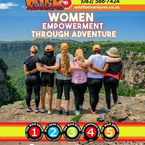 A group of five women stand arms locked looking over Oribi Gorge on the KZN South Coast, featuring a Wild 5 Adventures banner titled Women Empowerment Through Adventure.
