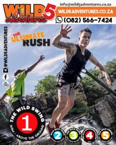 A thrill-seeker taking the ultimate 165-metre leap on The Wild Swing over Oribi Gorge beside Lehr's Waterfall at Wild 5 Adventures on the KZN South Coast.