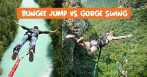 A side-by-side comparison visual illustrating a bungee jump versus the massive pendulum arc of the Wild Swing at Wild 5 Adventures in Oribi Gorge.
