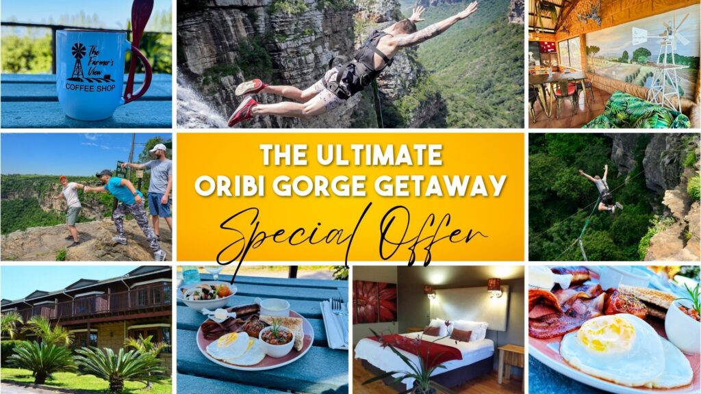 A photo collage featuring a 2-night stay at Farmer's Lodge, coffee, breakfast, and outdoor adventure activities on the South Coast KZN, centered around a yellow banner titled The Ultimate Oribi Gorge Getaway Special Offer.