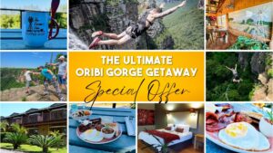 A photo collage featuring a 2-night stay at Farmer's Lodge, coffee, breakfast, and outdoor adventure activities on the South Coast KZN, centered around a yellow banner titled The Ultimate Oribi Gorge Getaway Special Offer.