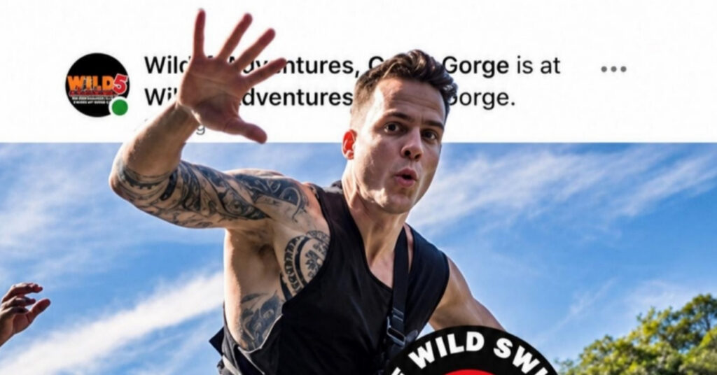 A tattooed male thrill-seeker mid-air taking the 165-metre leap off the platform on the Wild Swing, featuring a circular graphic reading The Wild Swing 165m Above The Ground at Wild 5 Adventures in Oribi Gorge.